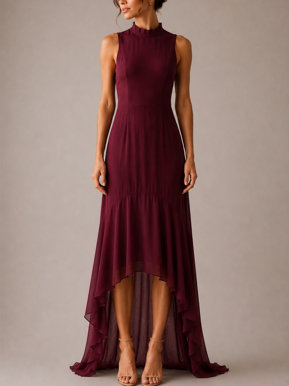 Ever New Burgundy High Low Midi Dress Size US 8 Mock Neck Tiered Hem